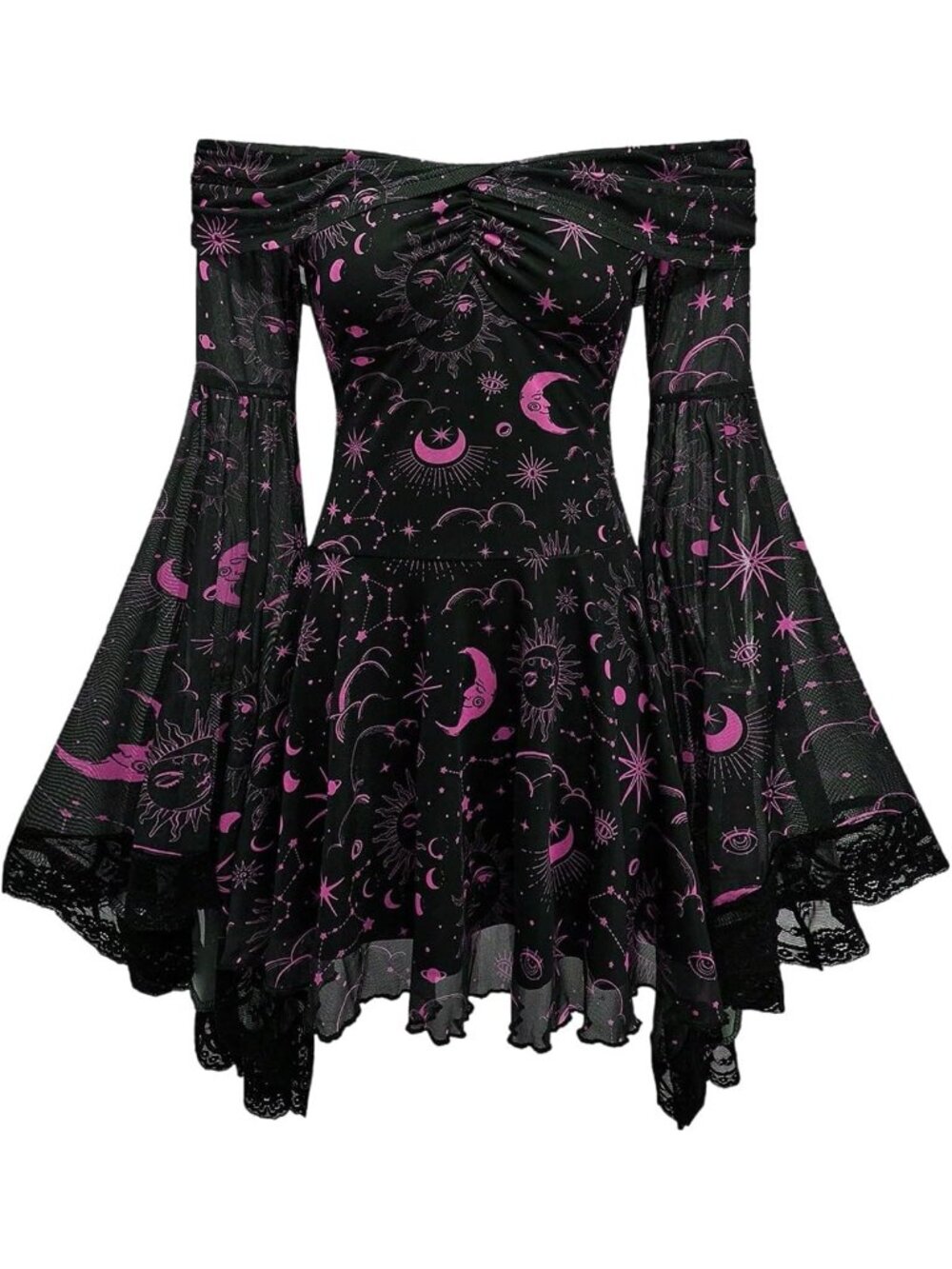 Women's Gothic Off Shoulder Mesh Mini Dress Long Bell Sleeve Black Dress-Pink